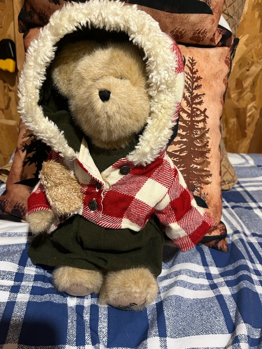 Boyds Bears Plush Bear in Red Buffalo Plaid Hooded Jacket with Cream Trim